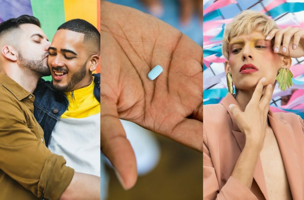 3 photos, first of one male kissing another male person of color on the cheek. center photo of a African American/Black person's hand holding a blue PrEP pill. Third photo of a trans or non-binary individual with makeup and trans flag patters behind them.